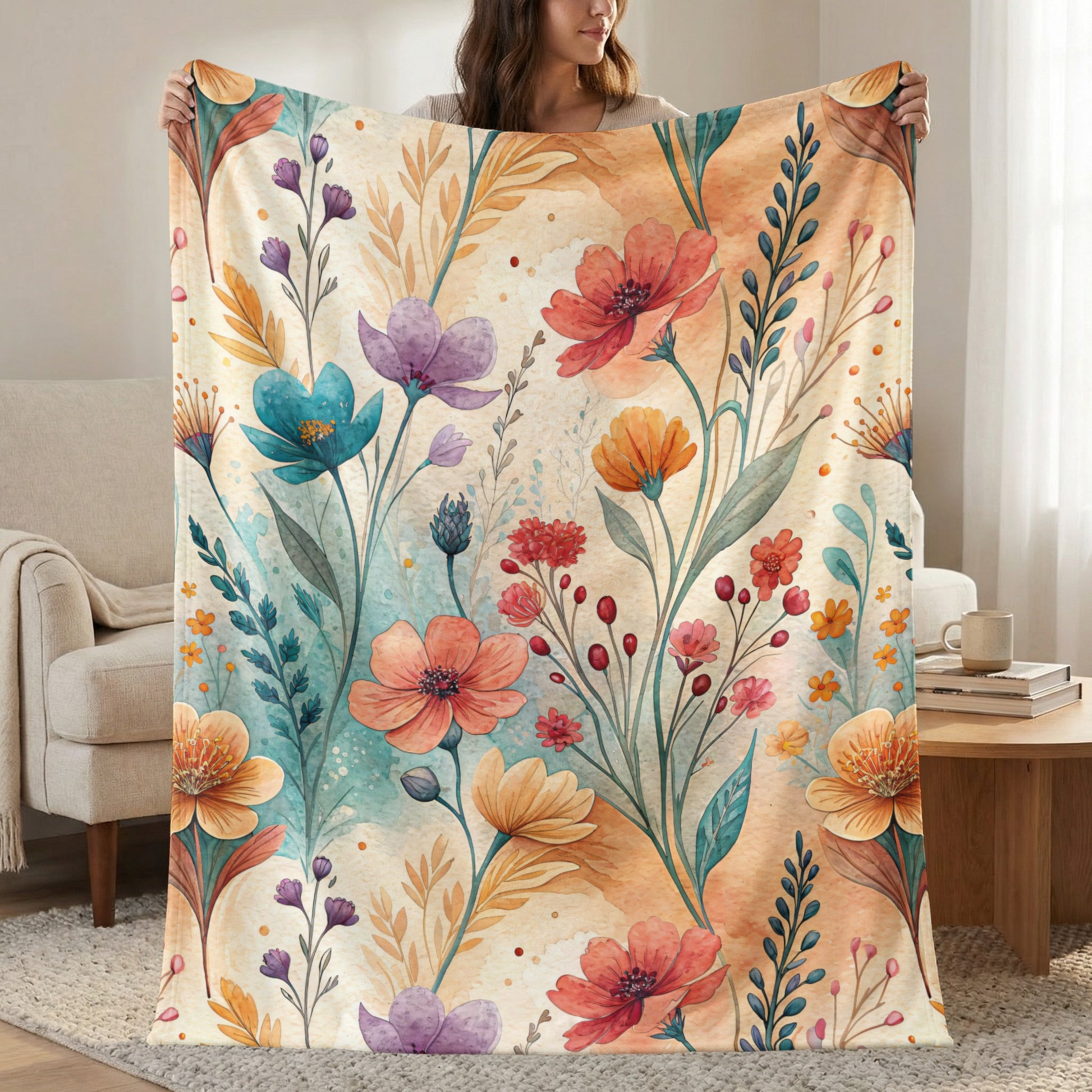 Watercolor Flower Garden Floral Art Velveteen Plush Blankets - Walk Greener