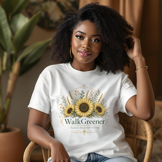 White t-shirt with sunflowers, wheat, and text "WalkGreener Nature Inspired Living".