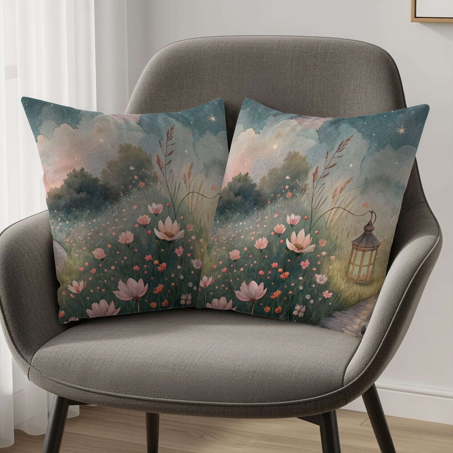 Watercolor Pathway Lantern And Flowers Artistic Design Pillows & Pillow Cases - Walk Greener