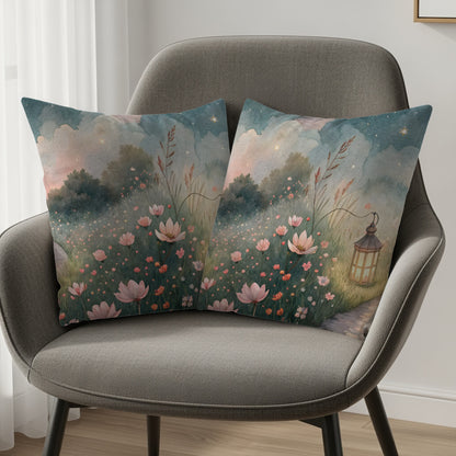 Watercolor Pathway Lantern And Flowers Artistic Design Pillows & Pillow Cases - Walk Greener