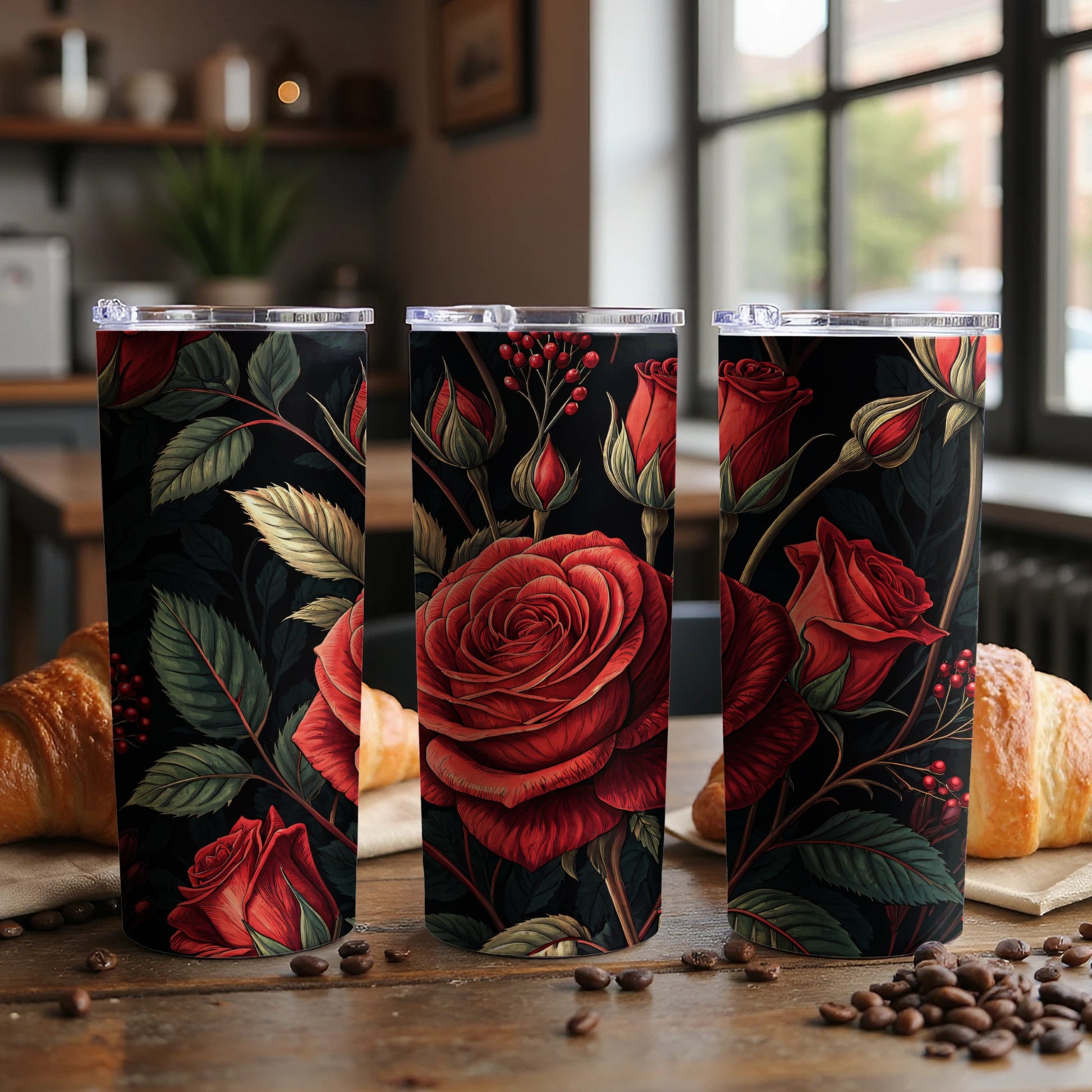 Elegant Red Rose Floral Pattern Drinkware Collection
