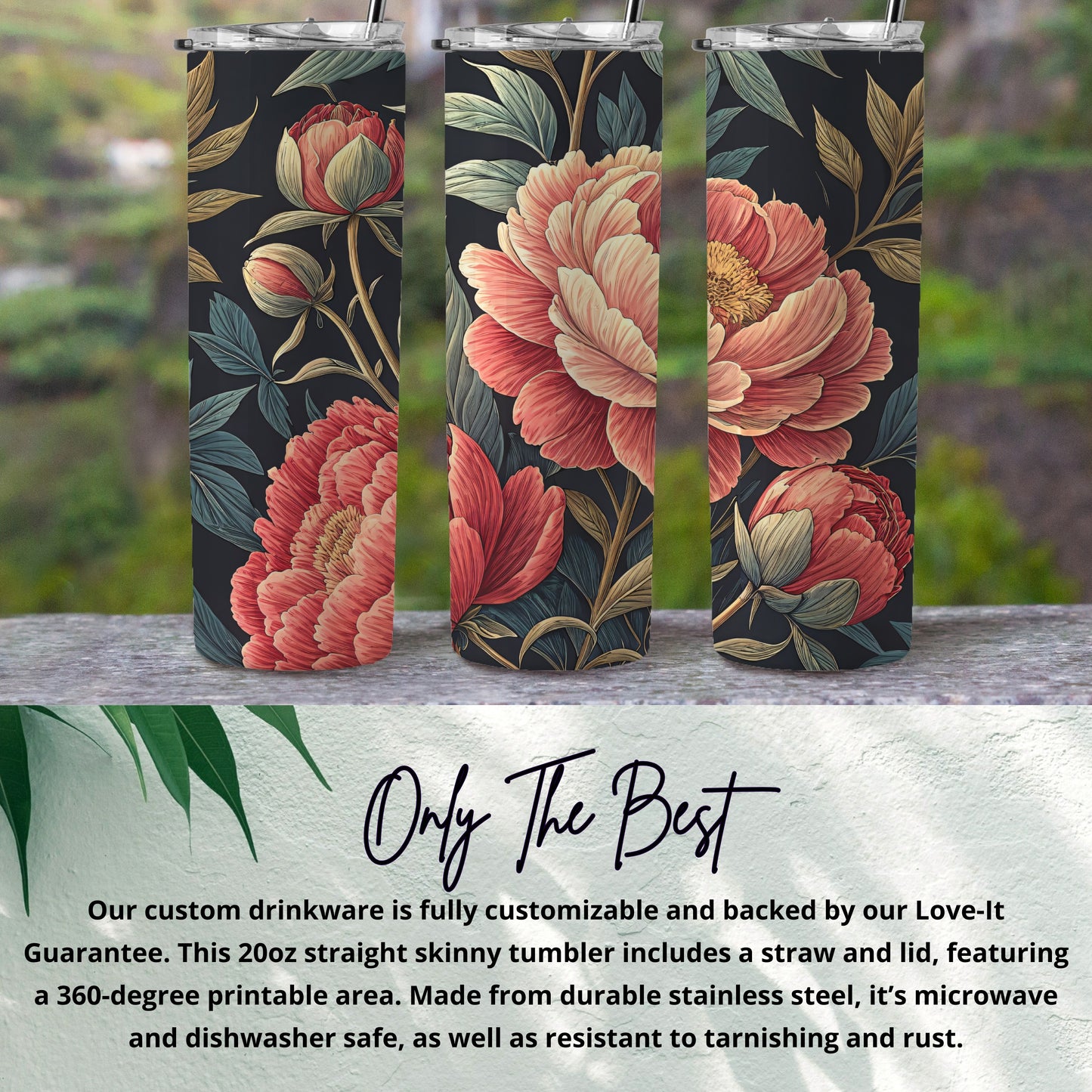 Floral Design 20oz Skinny Tumbler with Straw and Lid