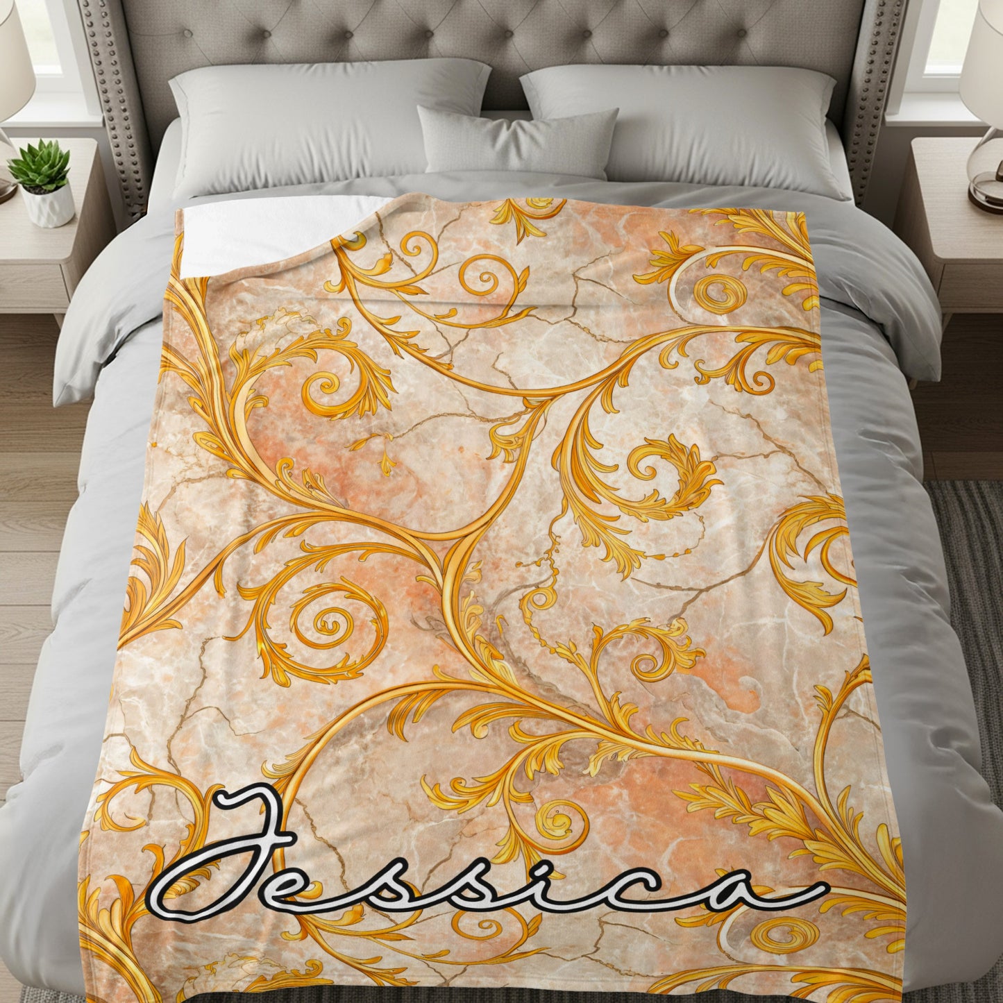 Gold Floral Swirls on Marble Custom Name Blanket - Walk Greener