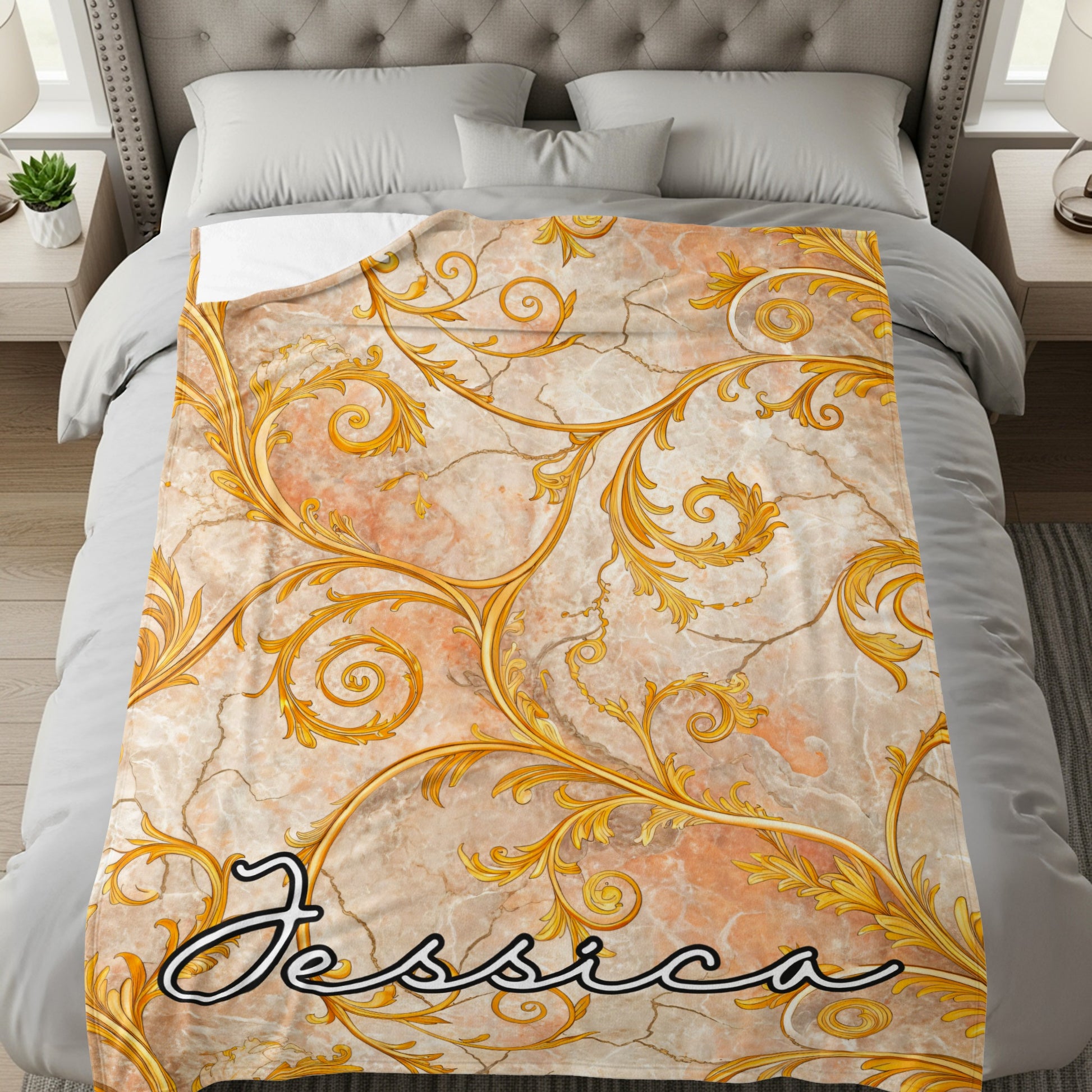 Gold Floral Swirls on Marble Custom Name Blanket - Walk Greener