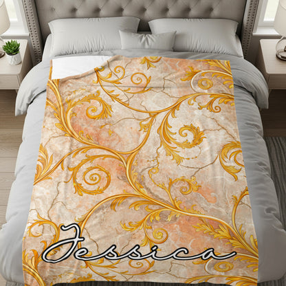 Gold Floral Swirls on Marble Custom Name Blanket - Walk Greener