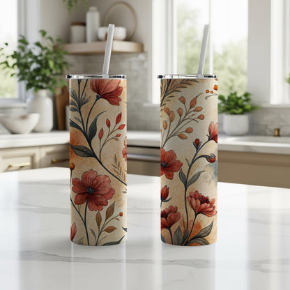 Red Floral Design on Cream 20 oz Skinny Tumbler - Walk Greener