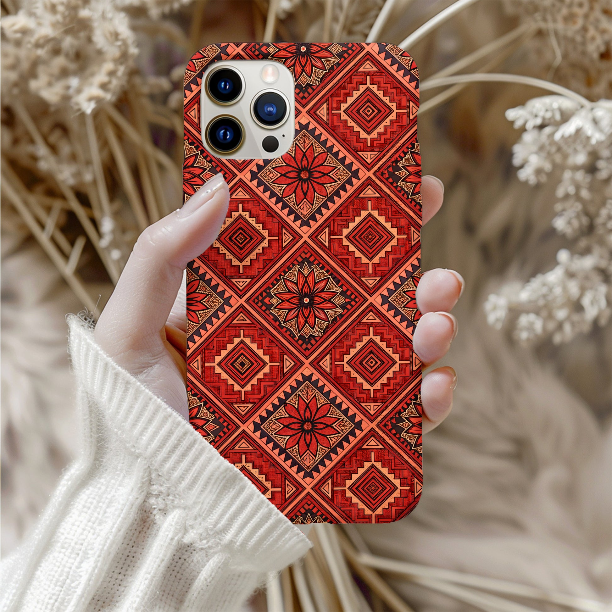 Floral Tiles in Orange Aztec Patterns With Custom Name Custom Phone Case - Walk Greener