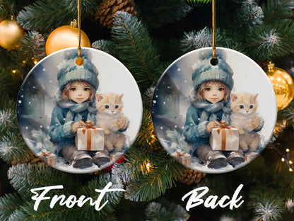 Cute Winter Girl With Kitten on Christmas Ornament product type