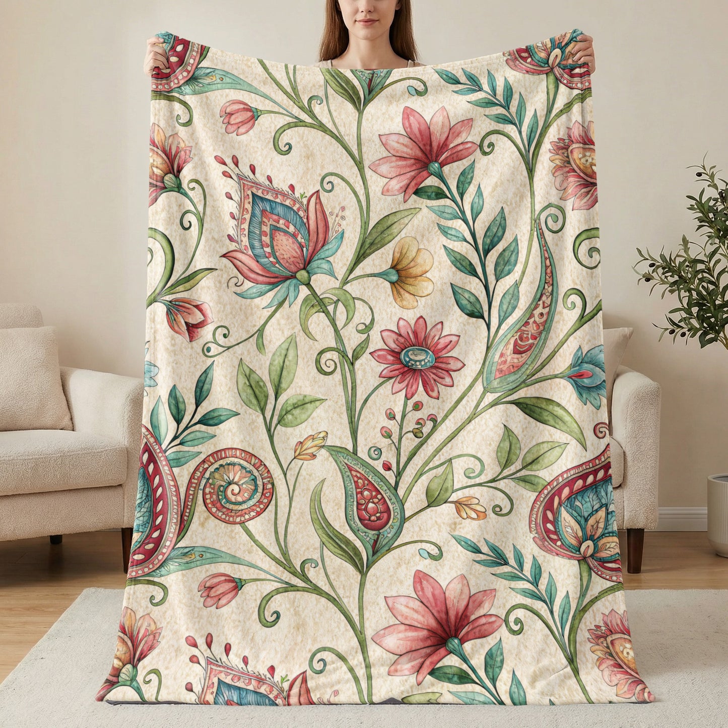 Ornate Floral Design Detailed Watercolor Velveteen Plush Blankets - Walk Greener