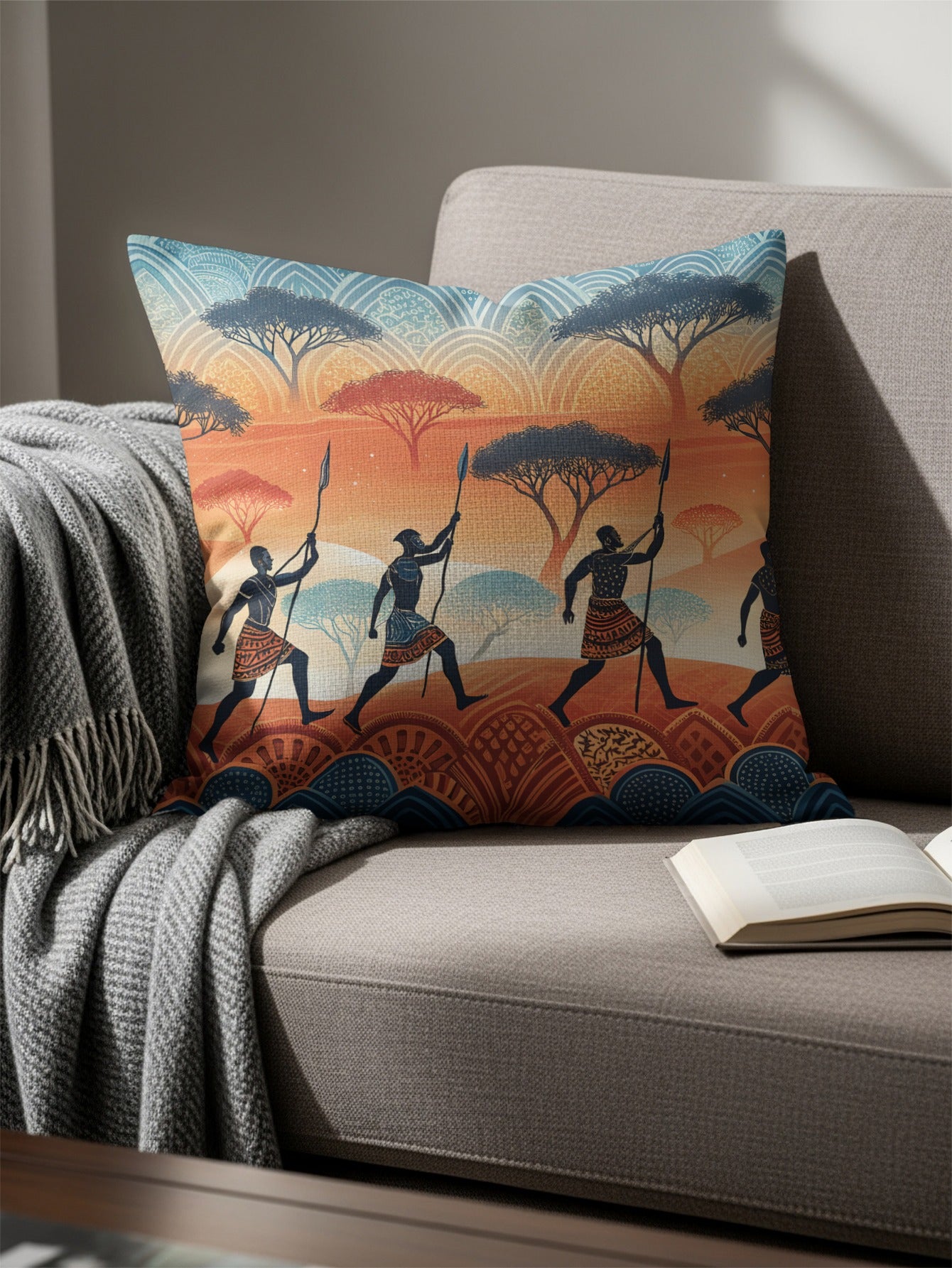 African Safari Warriors Under Acacia Trees Pattern Pillows & Pillow Cases - Walk Greener
