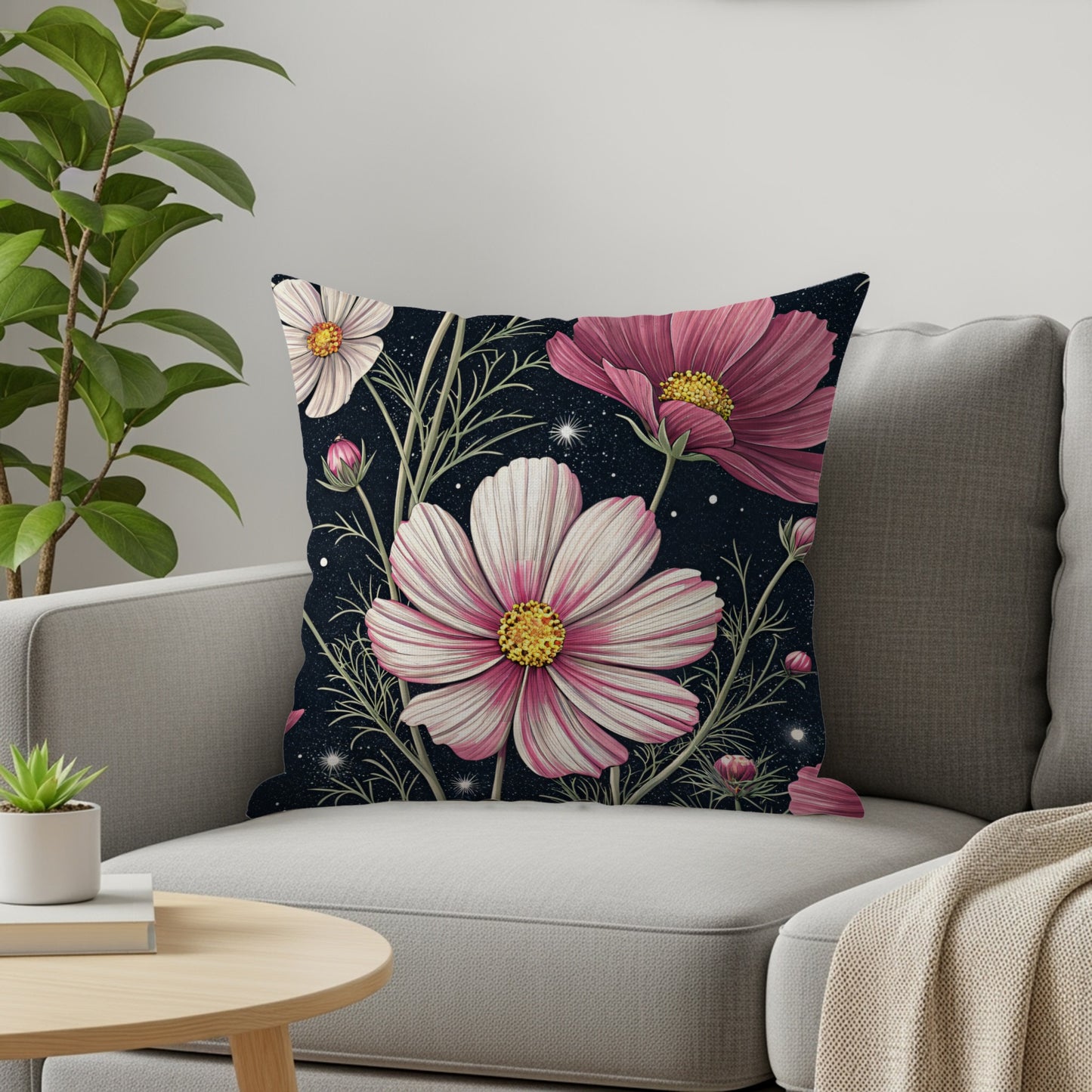 Pink Flowers In The Starlight Decorative Floral Throw Pillows - Walk Greener