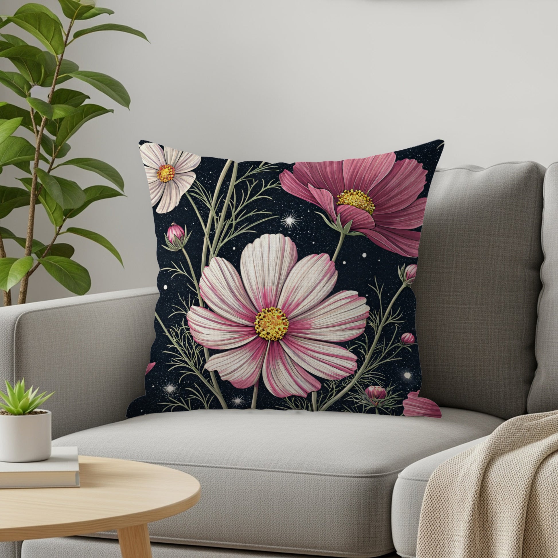Pink Flowers In The Starlight Decorative Floral Throw Pillows - Walk Greener