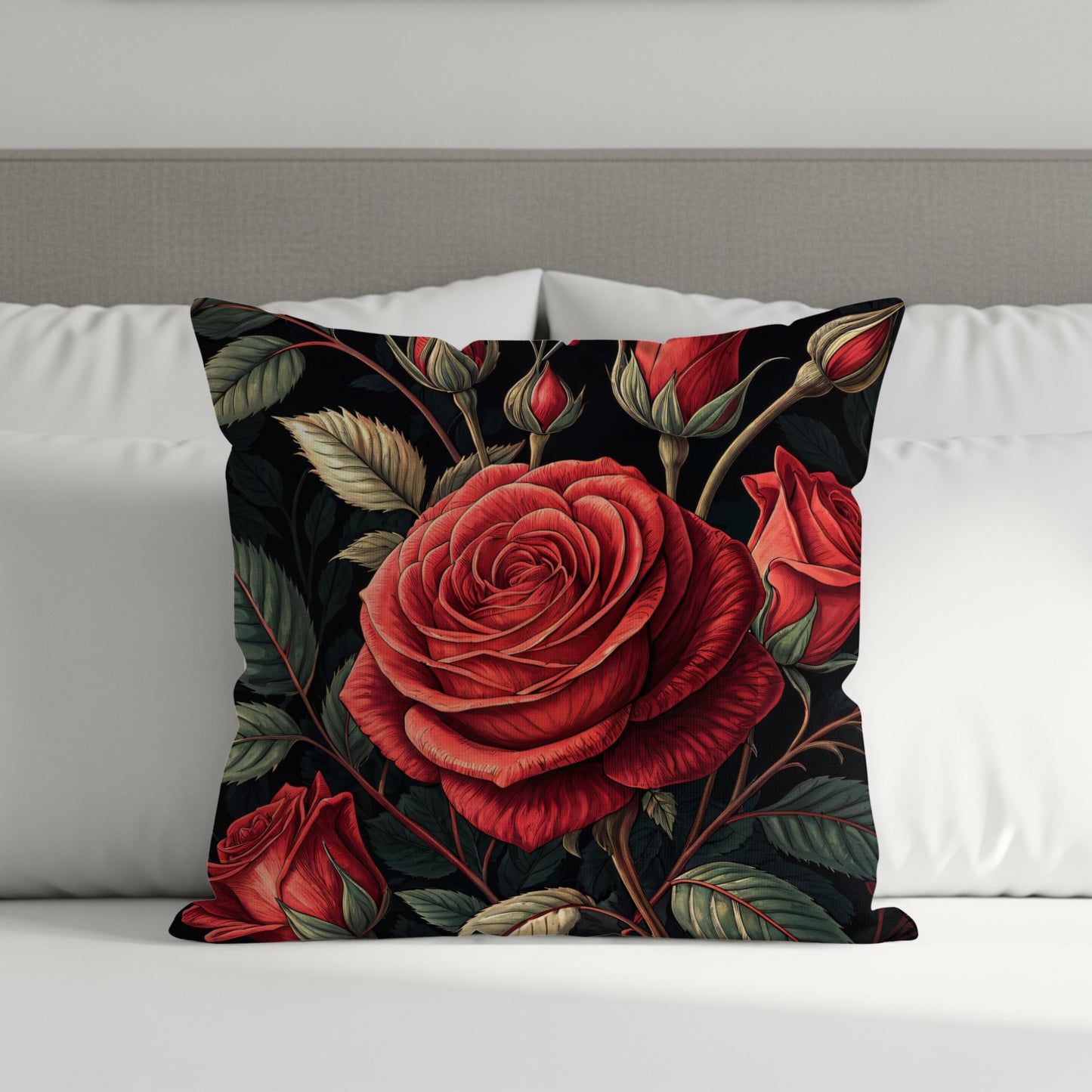 Vibrant Crimson Roses Elegant Blossoms Decorative Floral Throw Pillows - Walk Greener