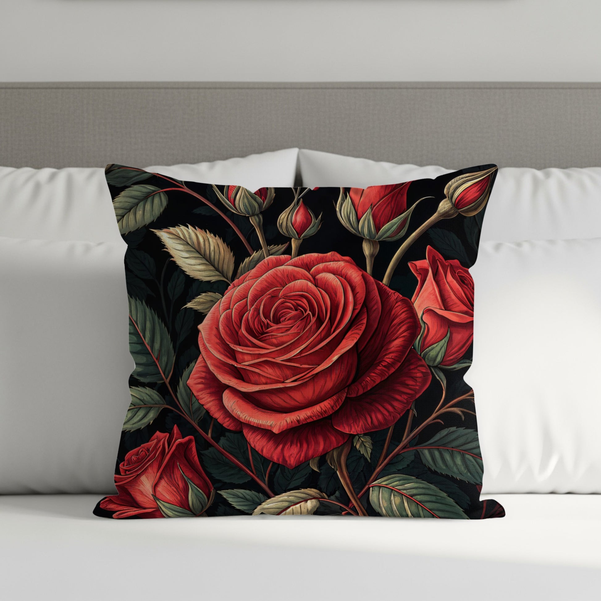Vibrant Crimson Roses Elegant Blossoms Decorative Floral Throw Pillows - Walk Greener
