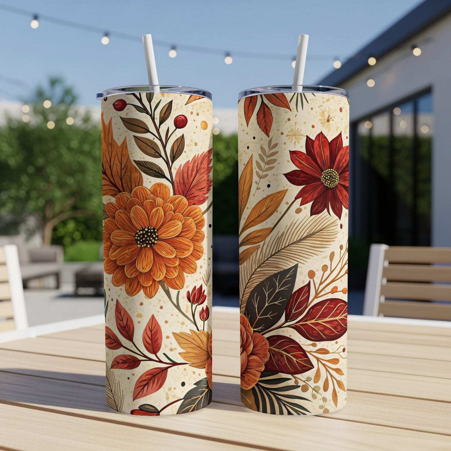 Floral Autumn Design Tall Tumbler with Lid and Straw