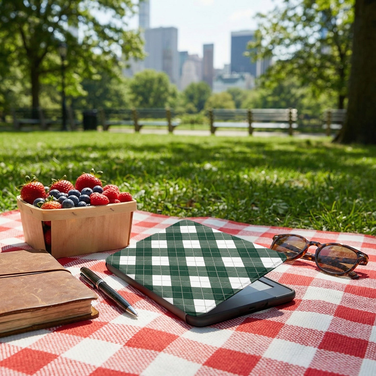 Green Plaid Pattern Tablet Cover for Outdoor Use