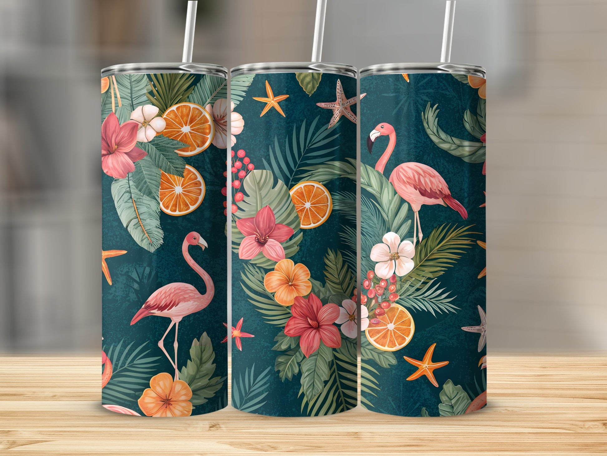 Tropical Flamingo and Floral Pattern Travel Tumbler