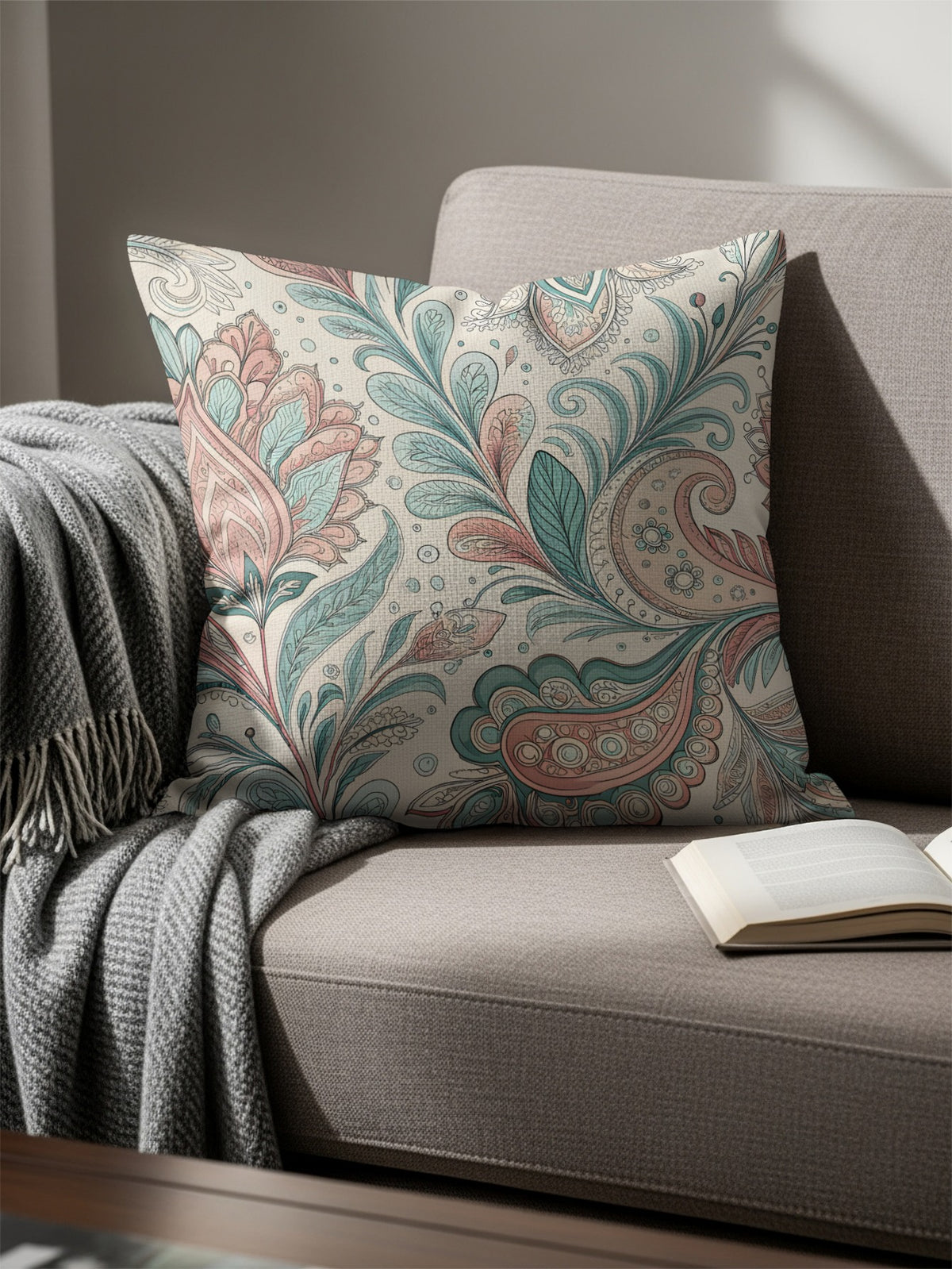 Corner detail of the pastel floral pillow highlighting the pink blooms and swirl pattern