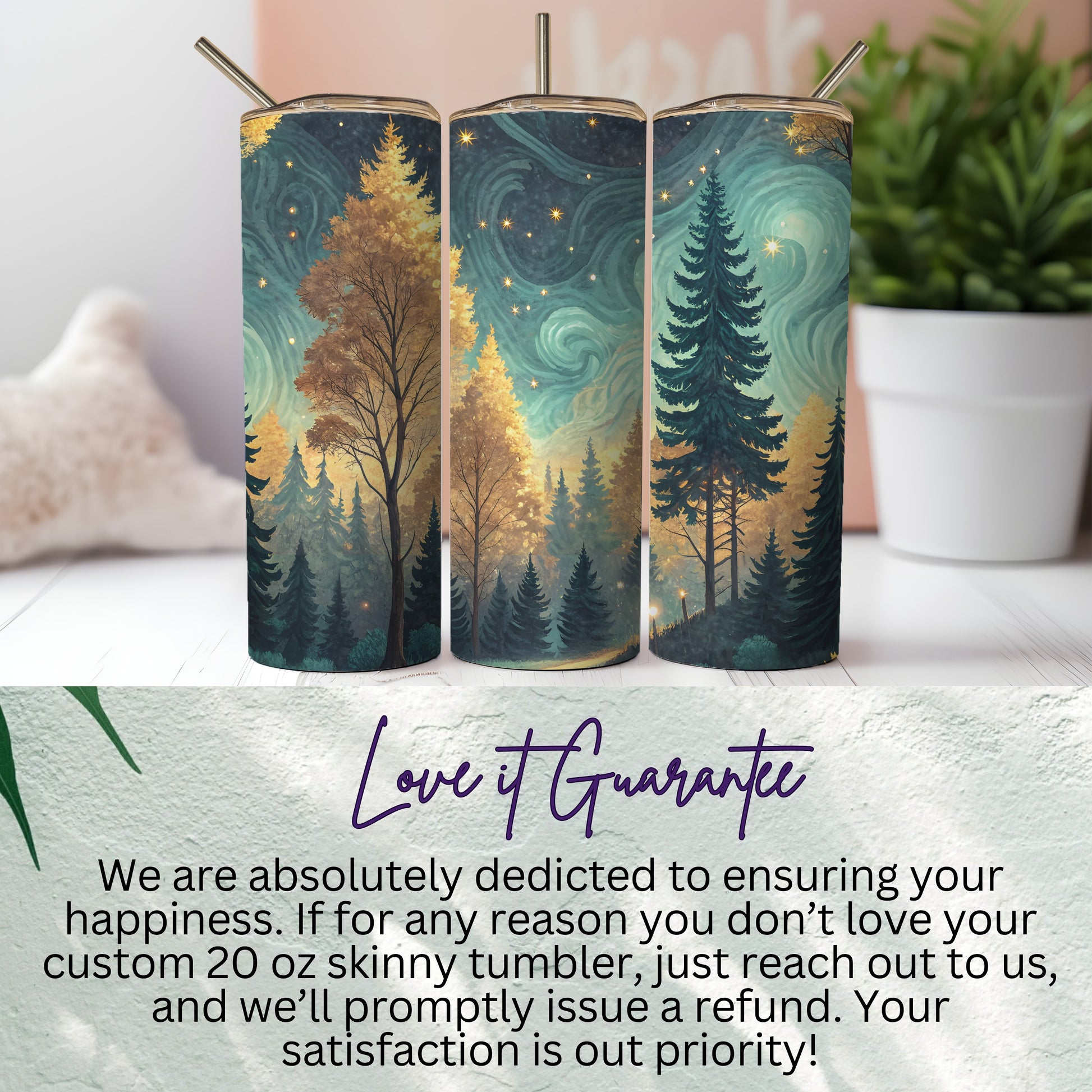 Starry Night Forest Design Skinny Tumbler Cup