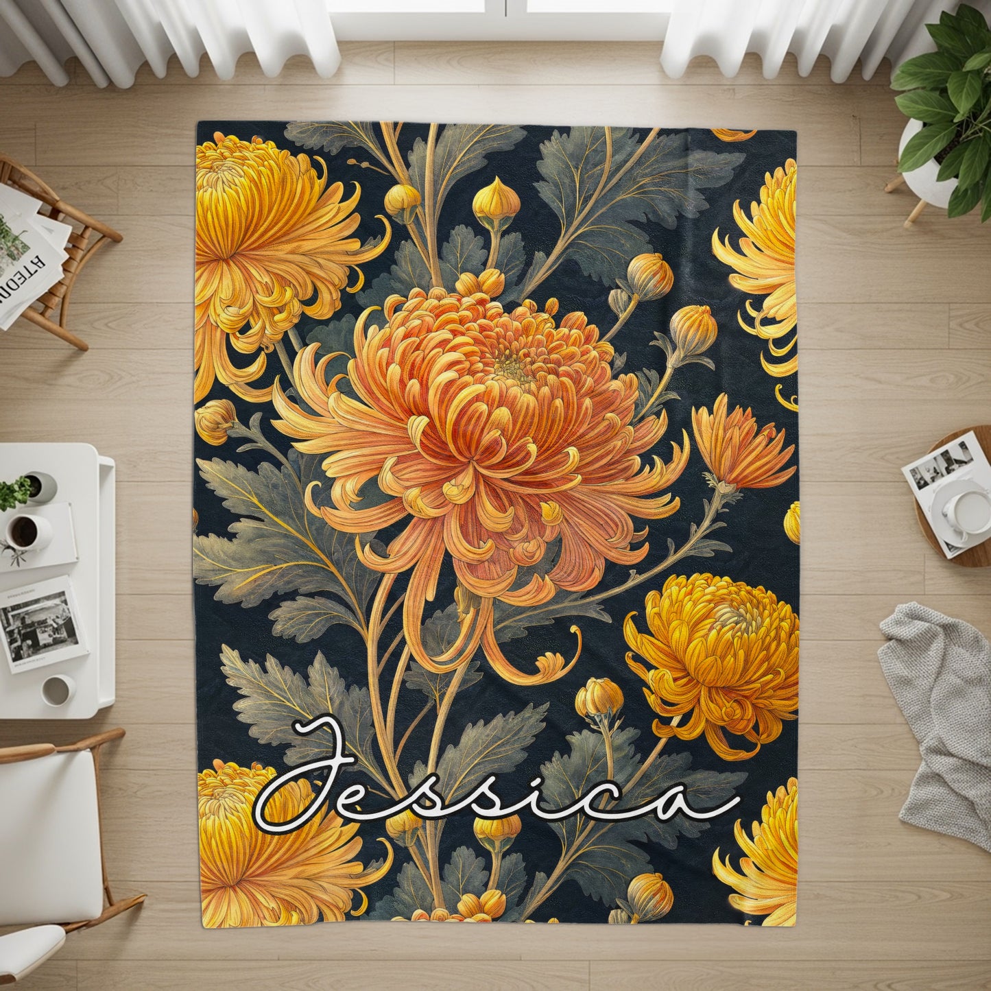 Personalized Floral Design Rug with Name Jessica