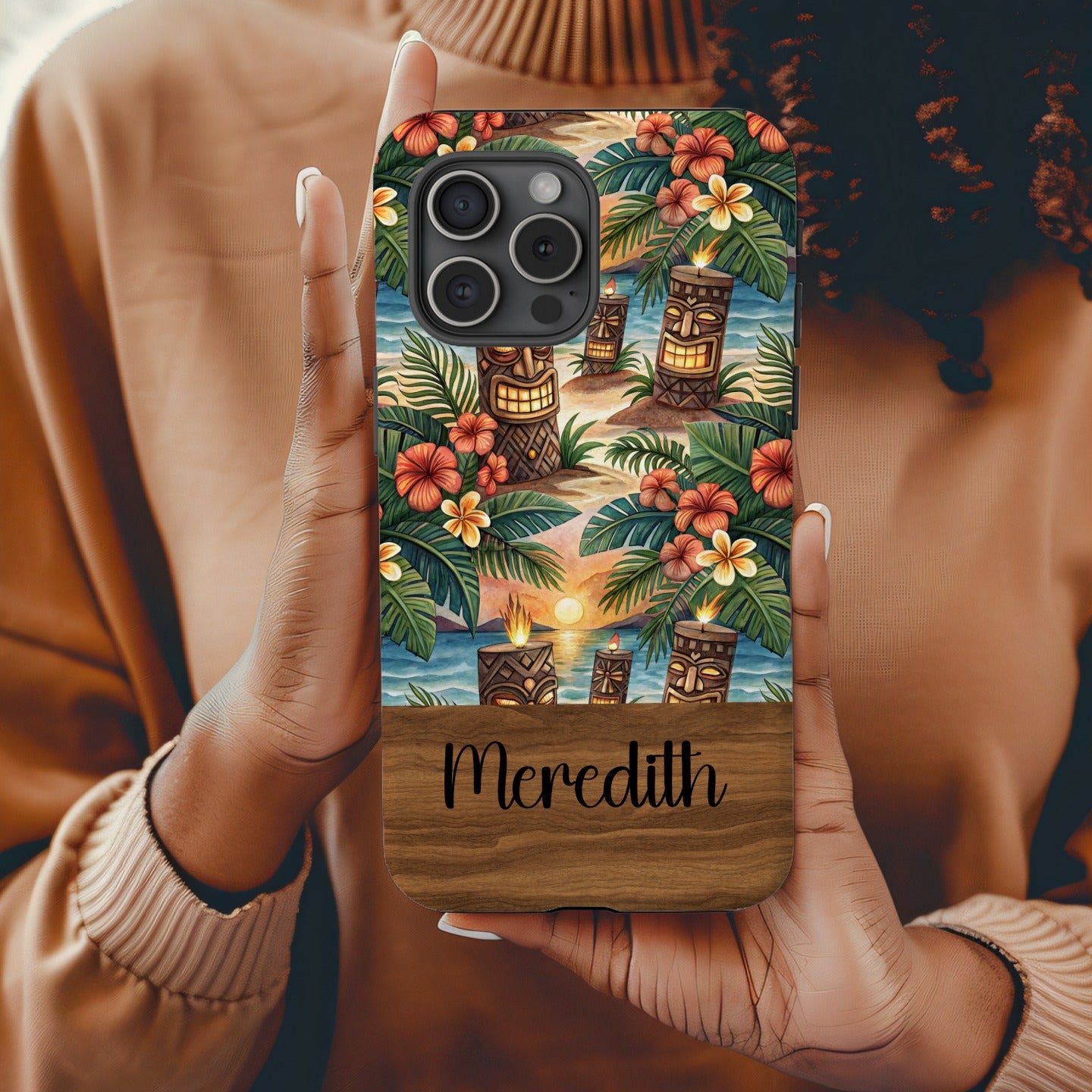 Tiki Statues On Tropical Beach Scene Custom Phone Case - Walk Greener