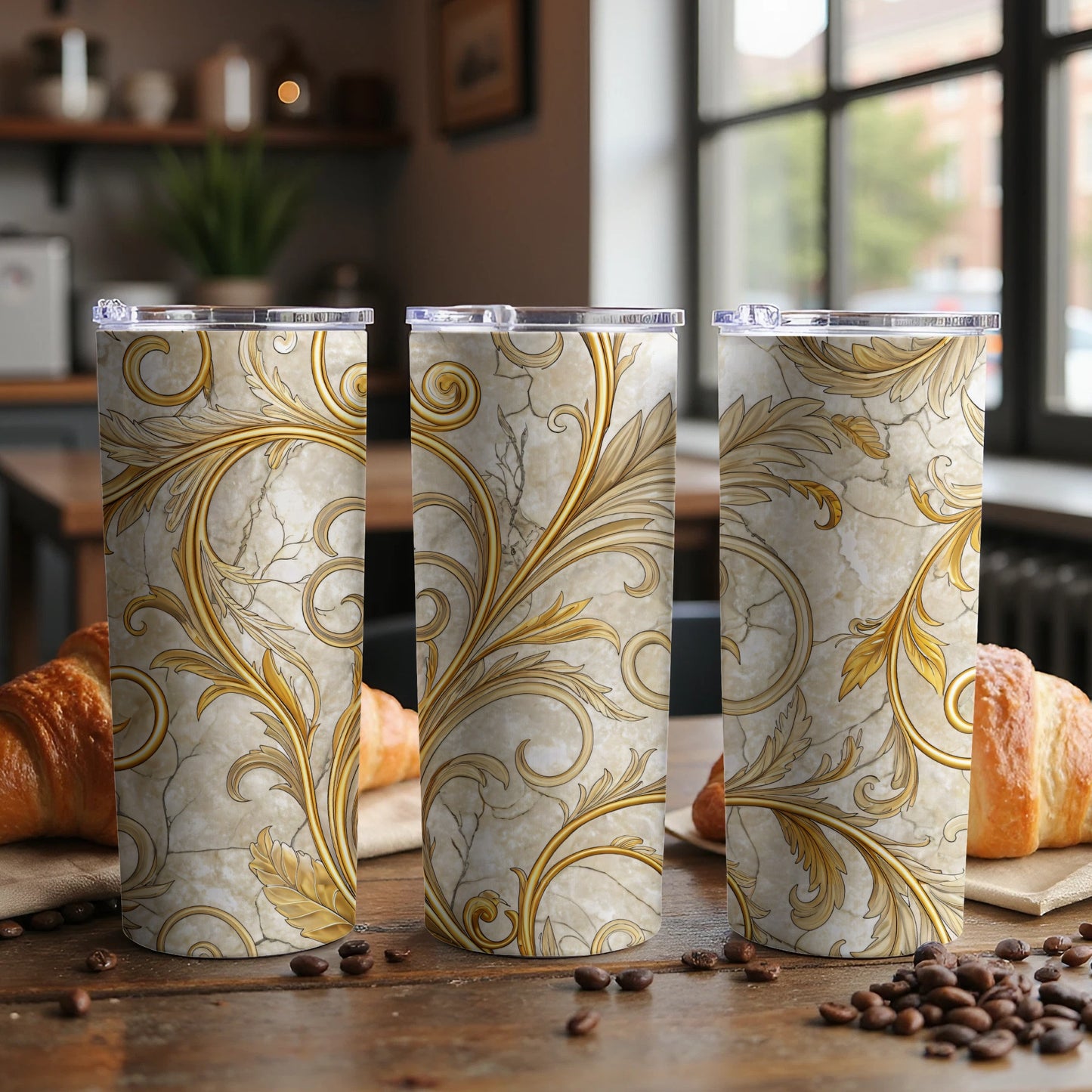 Elegant Gold Floral Marble Design Tumbler Set