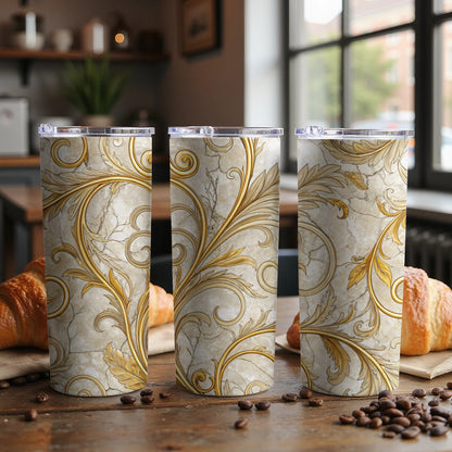 Elegant Gold Floral Marble Design Tumbler Set