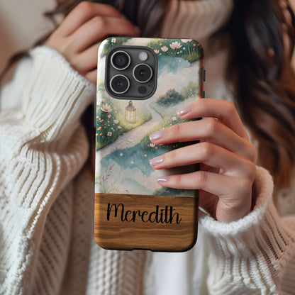 Floral Pathway Lamp Post Scenery with Custom Name Custom Phone Case - Walk Greener