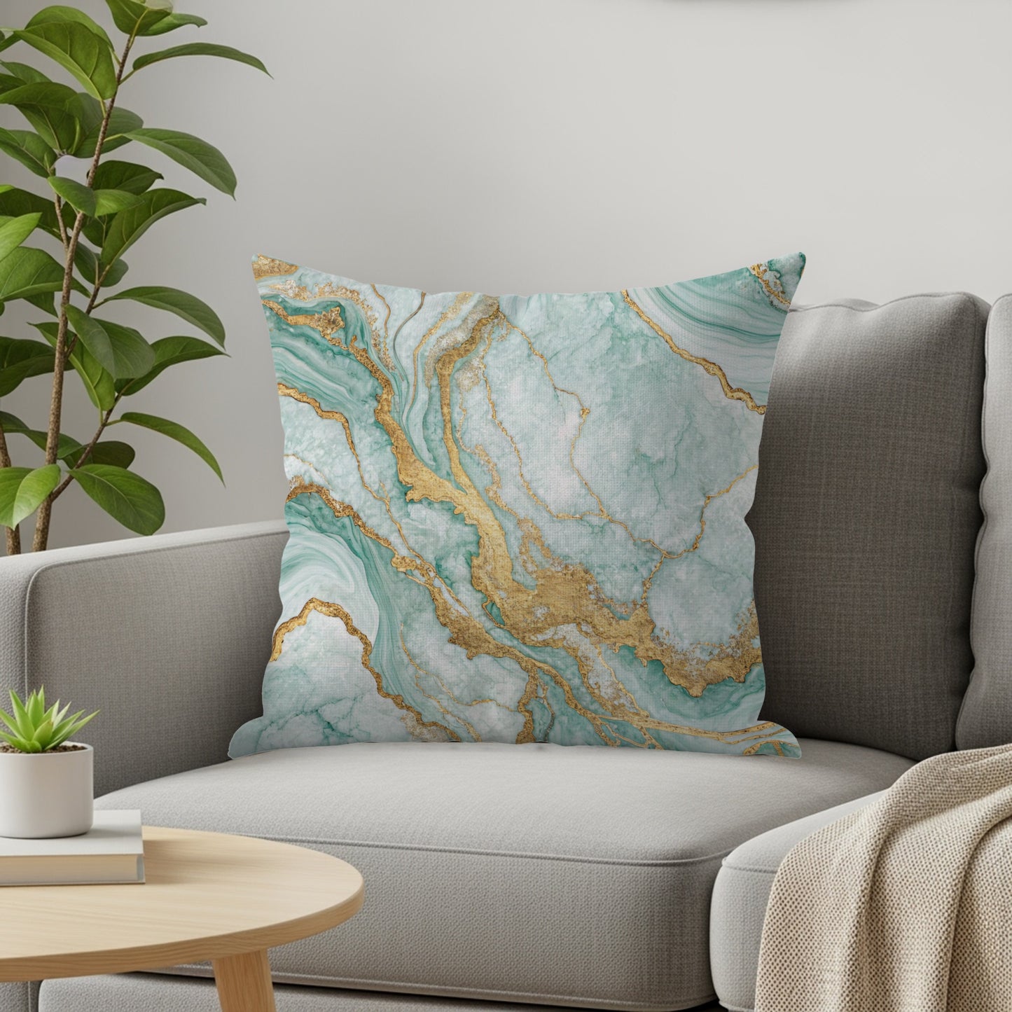 Abstract Teal and Gold Marble Print Throw Pillow Cover
