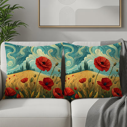 Red Poppies in Wheat Field and Blue Sky Painting Throw Pillows - Walk Greener