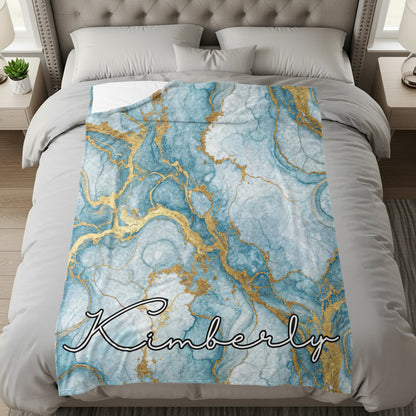 Teal and Gold Marble Custom Name Special Blanket - Walk Greener