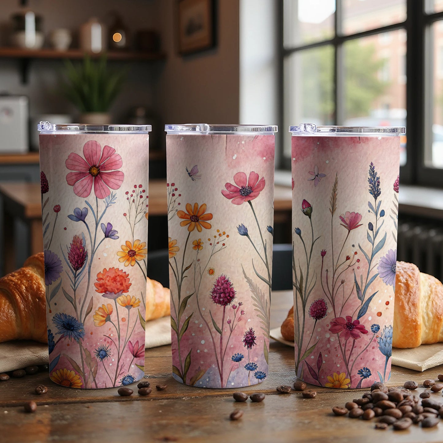 Watercolor Meadow Flowers and Butterflies 20 oz Skinny Tumbler - Walk Greener