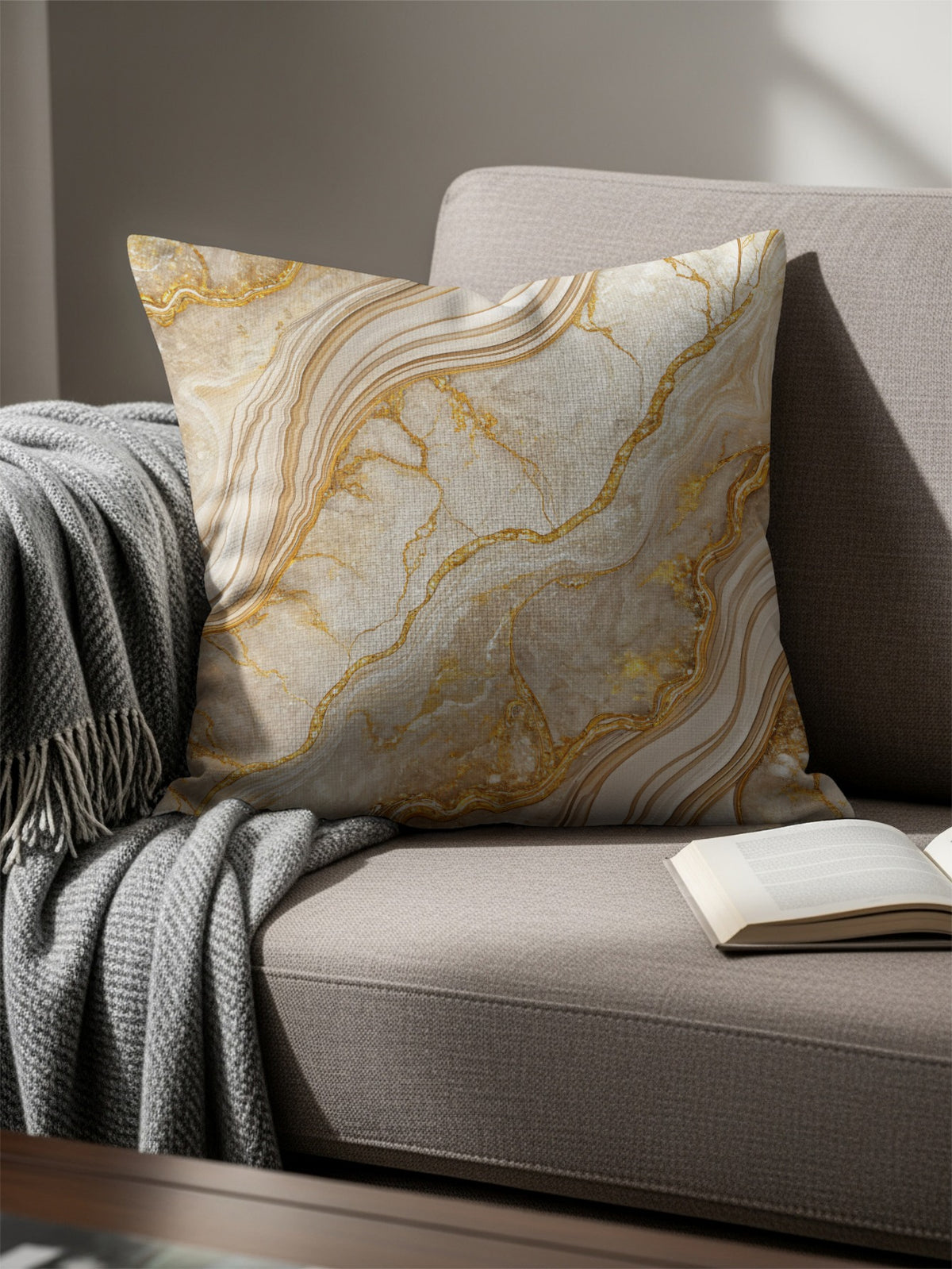 Beige Marble Golden Veins Design Floral Decorative Throw Pillows - Walk Greener