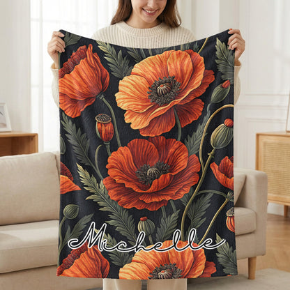 Personalized Floral Blanket with Red Poppy Design
