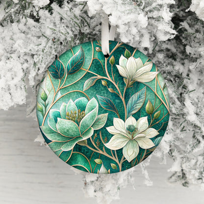 Floral green and white magnolia Christmas ornament