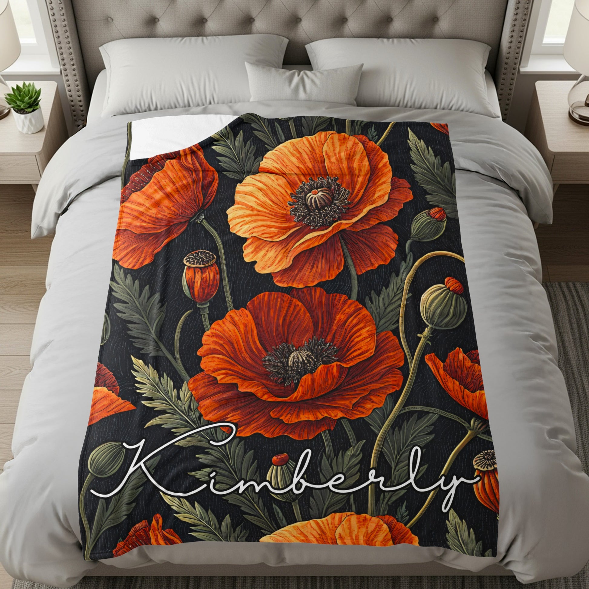 Custom Name Kimberly Orange Poppy Floral Bedding Quilt