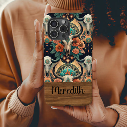 Ornate Bull Skull Floral Pattern Custom Phone Case - Walk Greener