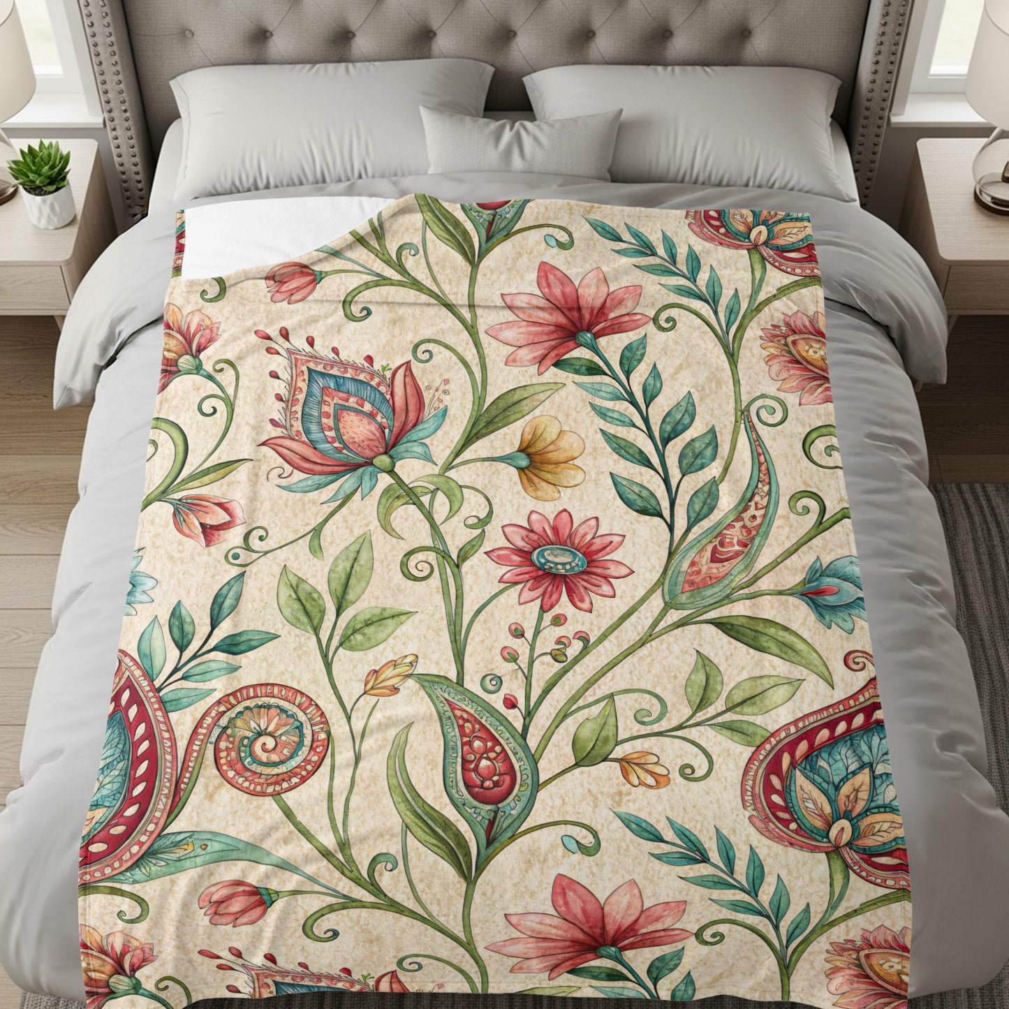 Ornate Floral Design Detailed Watercolor Velveteen Plush Blankets - Walk Greener