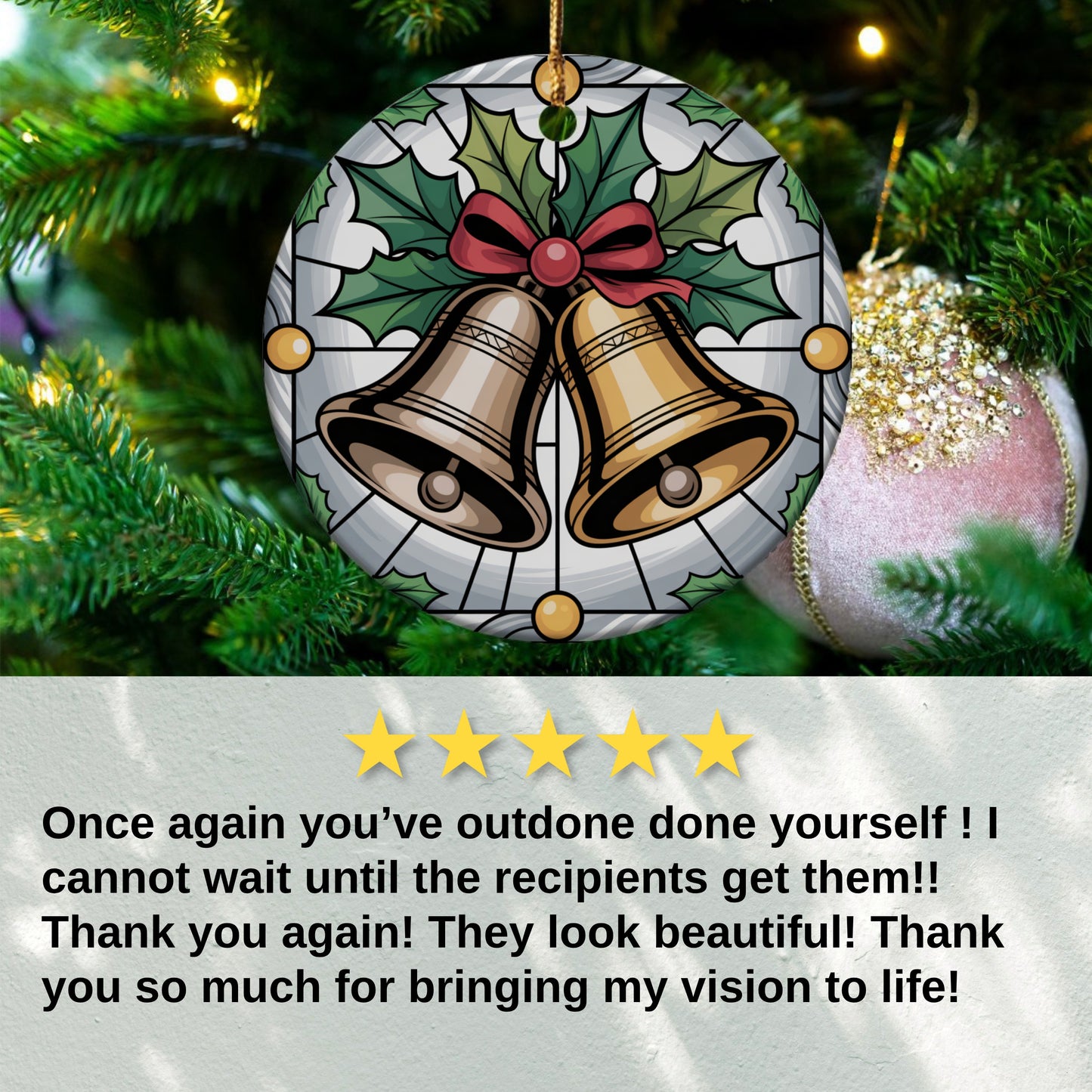 Stained Glass Bells Ornament, Holiday Bells Gift, Christmas Ornament, Holly Berries Ornament, Decorative Ornament, Christmas Decoration