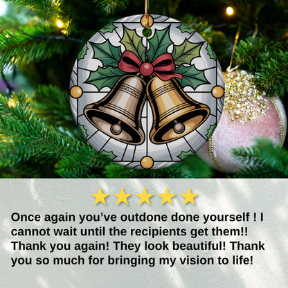 Stained Glass Bells Ornament, Holiday Bells Gift, Christmas Ornament, Holly Berries Ornament, Decorative Ornament, Christmas Decoration