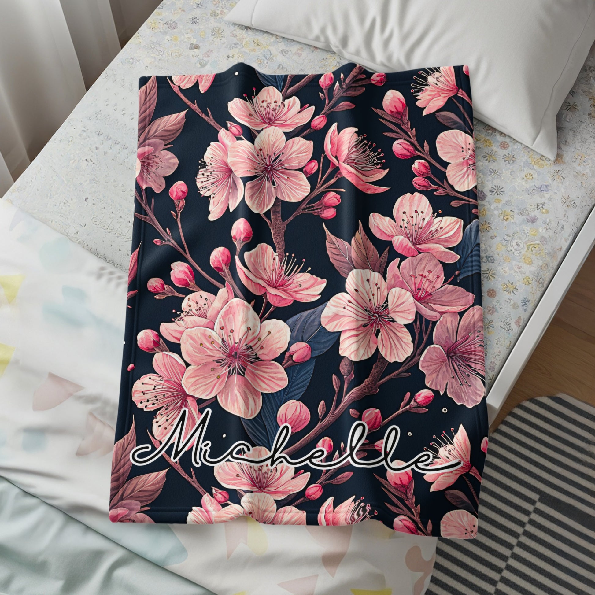 Floral Custom Name Blanket With Pretty Pink Blooms Design - Walk Greener