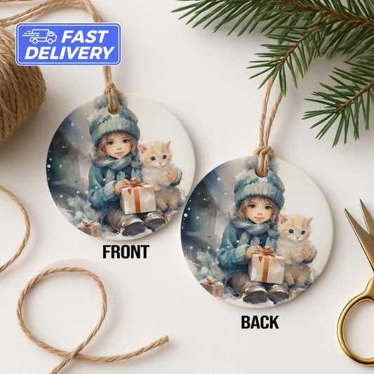 Cute Girl and Cat Holding Gift Round Ornament product type