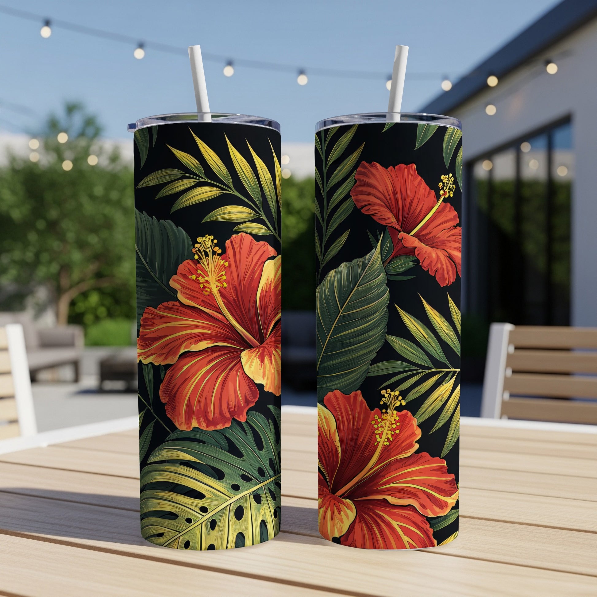 Tropical Hibiscus and Palm Leaf Tumbler Set