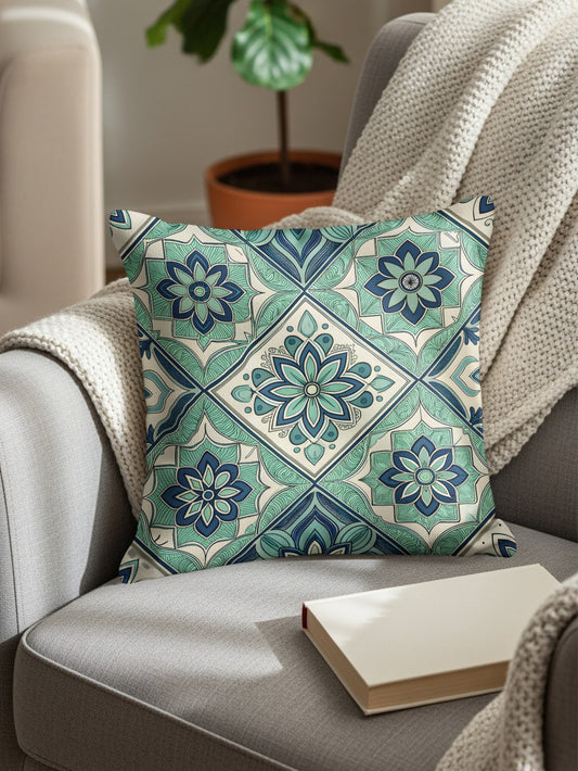 Floral Mediterranean Pattern Teal Blue Accent Pillows & Pillow Cases - Walk Greener