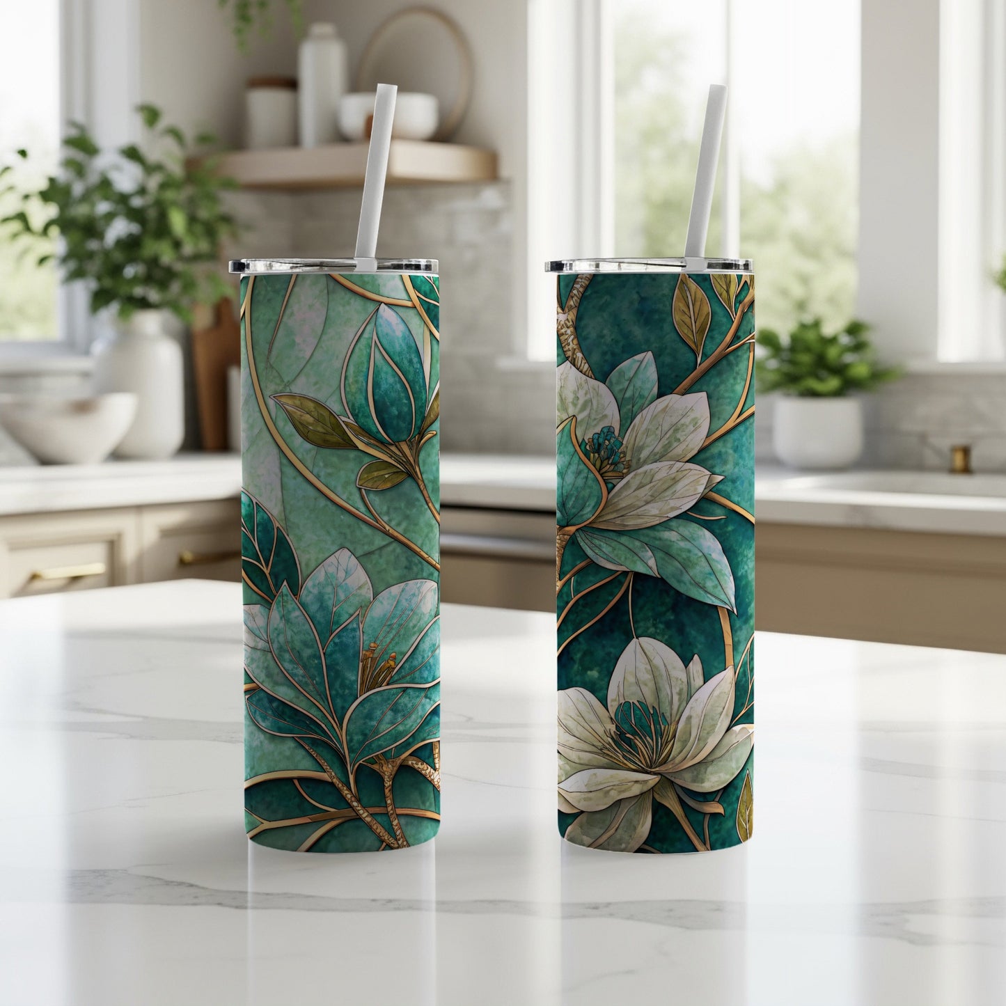 Teal Stained Glass Floral Art Design on 20 oz Skinny Tumbler - Walk Greener