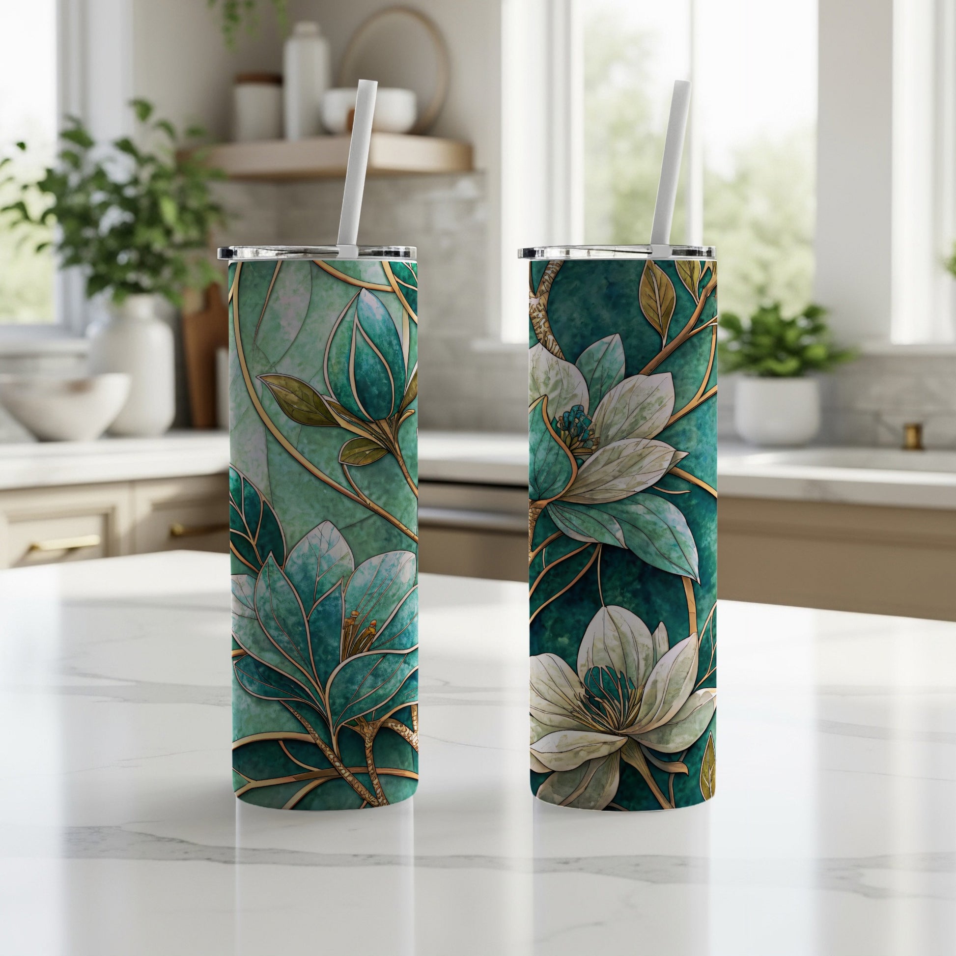 Teal Stained Glass Floral Art Design on 20 oz Skinny Tumbler - Walk Greener