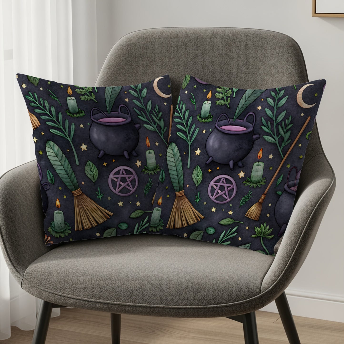 Witchcraft Pattern With Cauldron Moon Stars Pentagrams Throw Pillows - Walk Greener