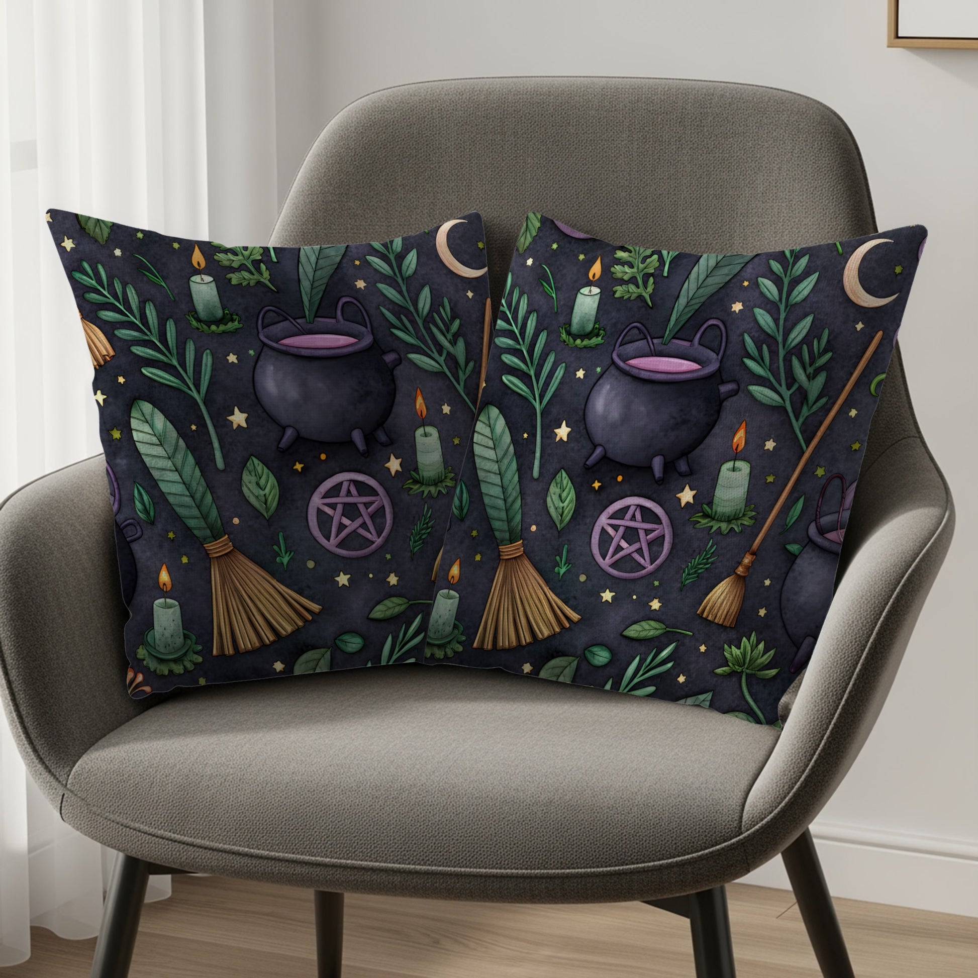 Witchcraft Pattern With Cauldron Moon Stars Pentagrams Throw Pillows - Walk Greener