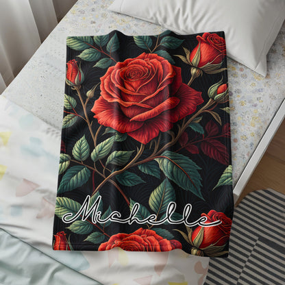 Red Roses With Leaves Custom Name Blankets Product - Walk Greener
