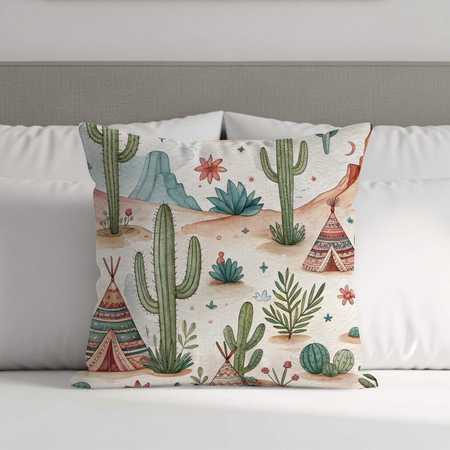 Desert Dreams with Teepees and Cacti Watercolor Style Pillows & Pillow Cases - Walk Greener
